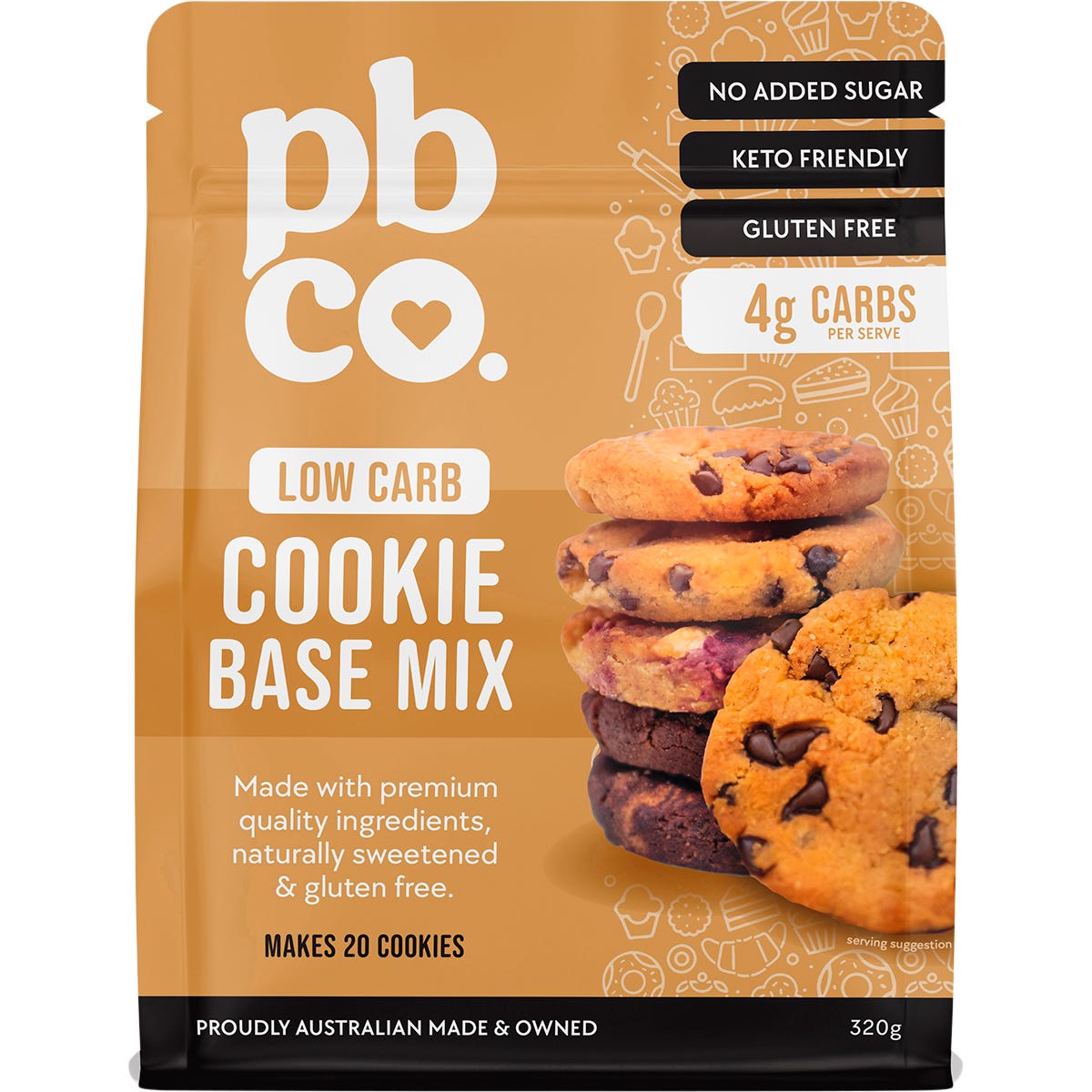 PBco Low Carb Cookie Mix 320g bag with a picture of a stack of cookies and a coffee cup on a white background.