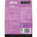 Back of PBCo. Low Carb Pancake & Pikelet Mix 300g bag with nutrition facts, ingredients, and cooking instructions.