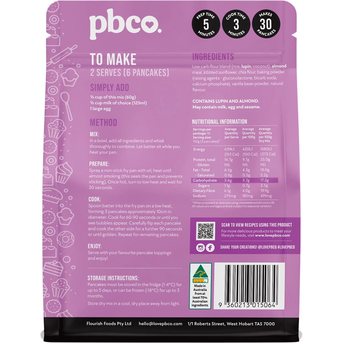 Back of PBCo. Low Carb Pancake & Pikelet Mix 300g bag with nutrition facts, ingredients, and cooking instructions.
