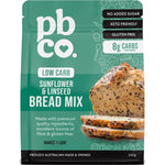 340g bag of PBCo Low Carb Sunflower and Linseed Bread Mix with bread slice and ingredient illustrations.