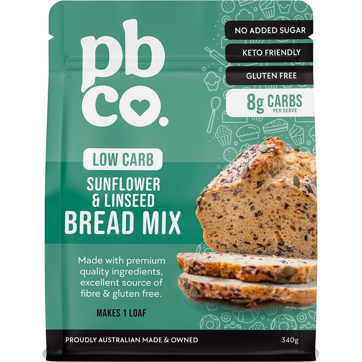 340g bag of PBCo Low Carb Sunflower and Linseed Bread Mix with bread slice and ingredient illustrations.