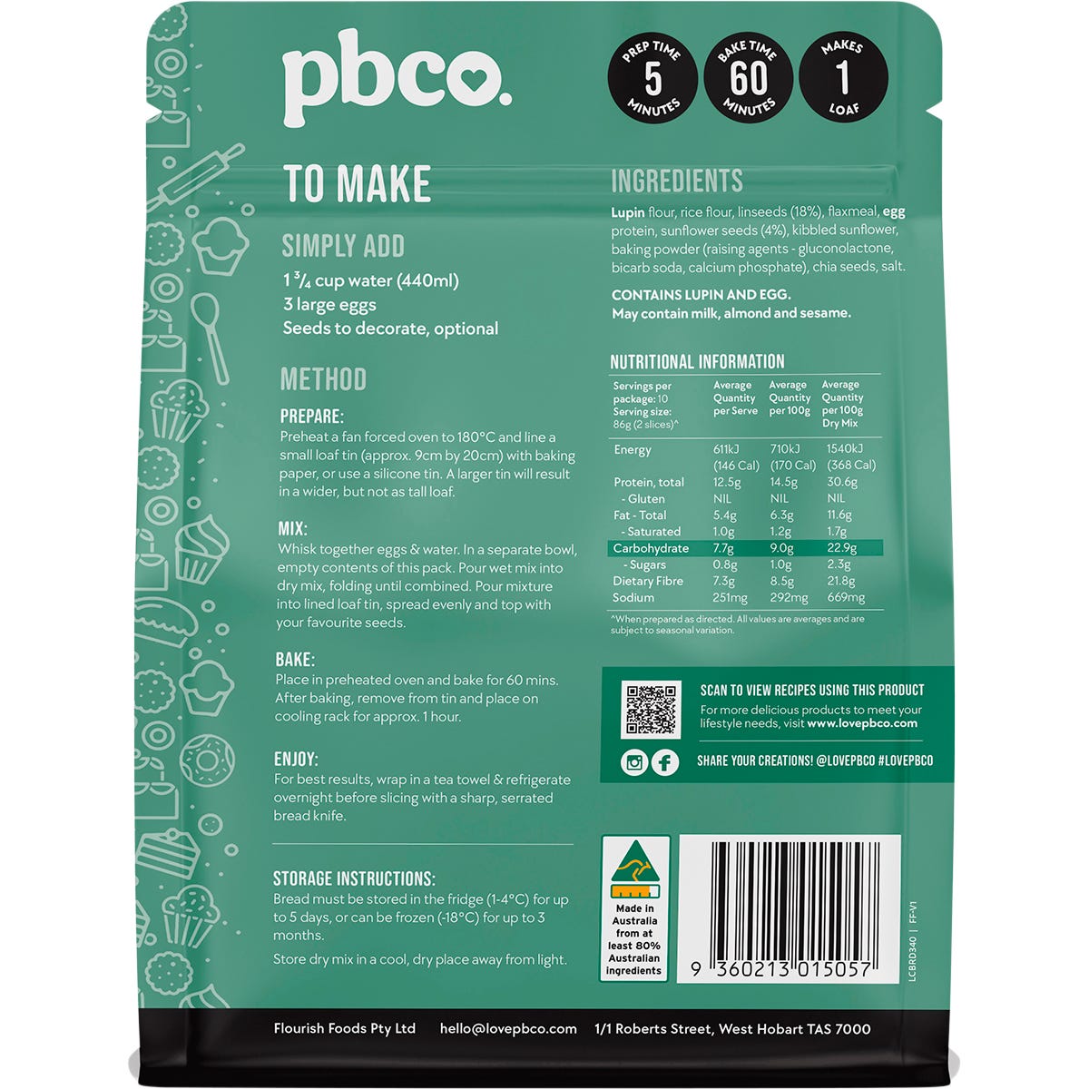 Back of PBCo Sunflower and Linseed Bread Mix 340g bag showing nutritional facts and simple baking instructions.