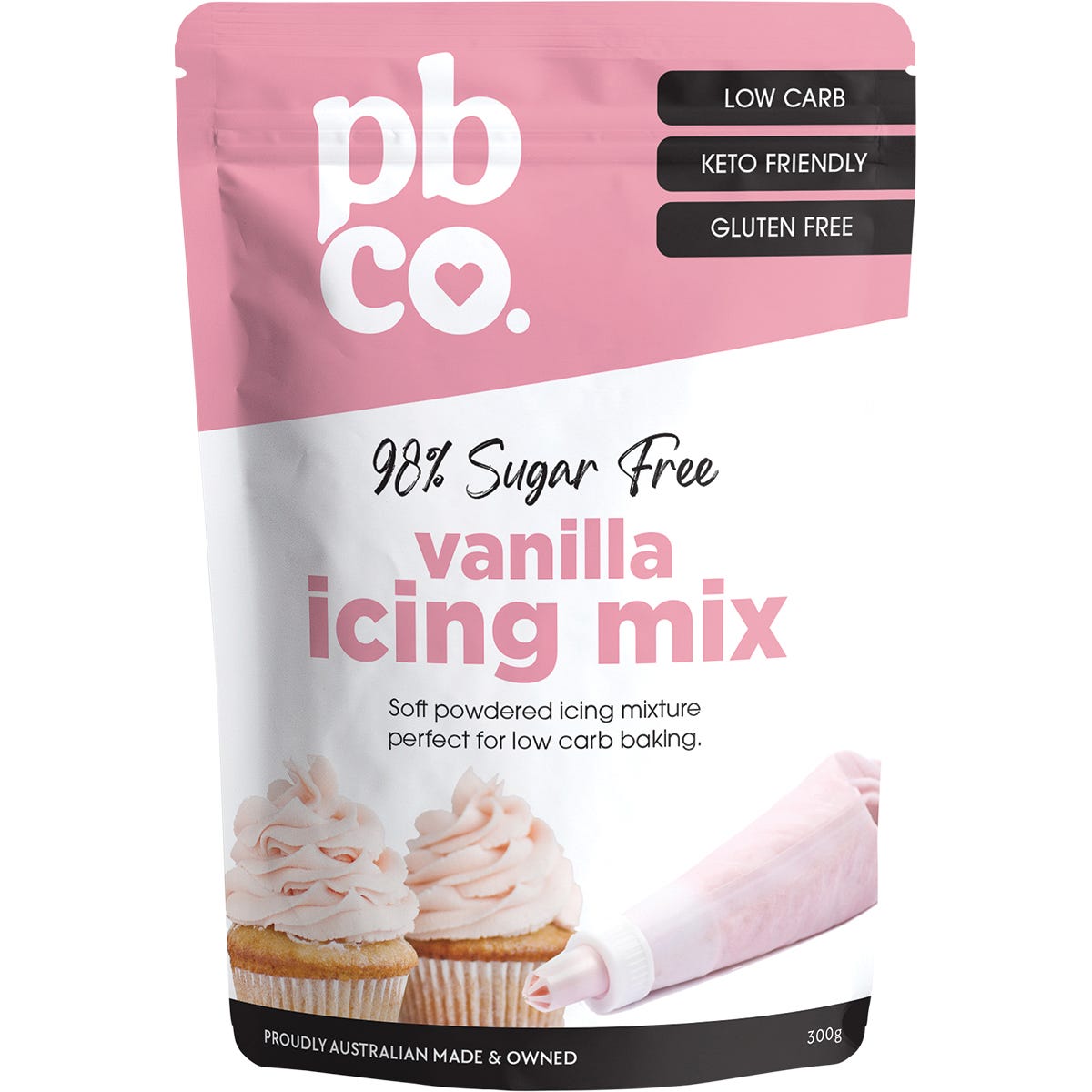 PBCo Vanilla Icing Mix 300g bag, 98% sugar free, low carb, and gluten free for healthy baking.