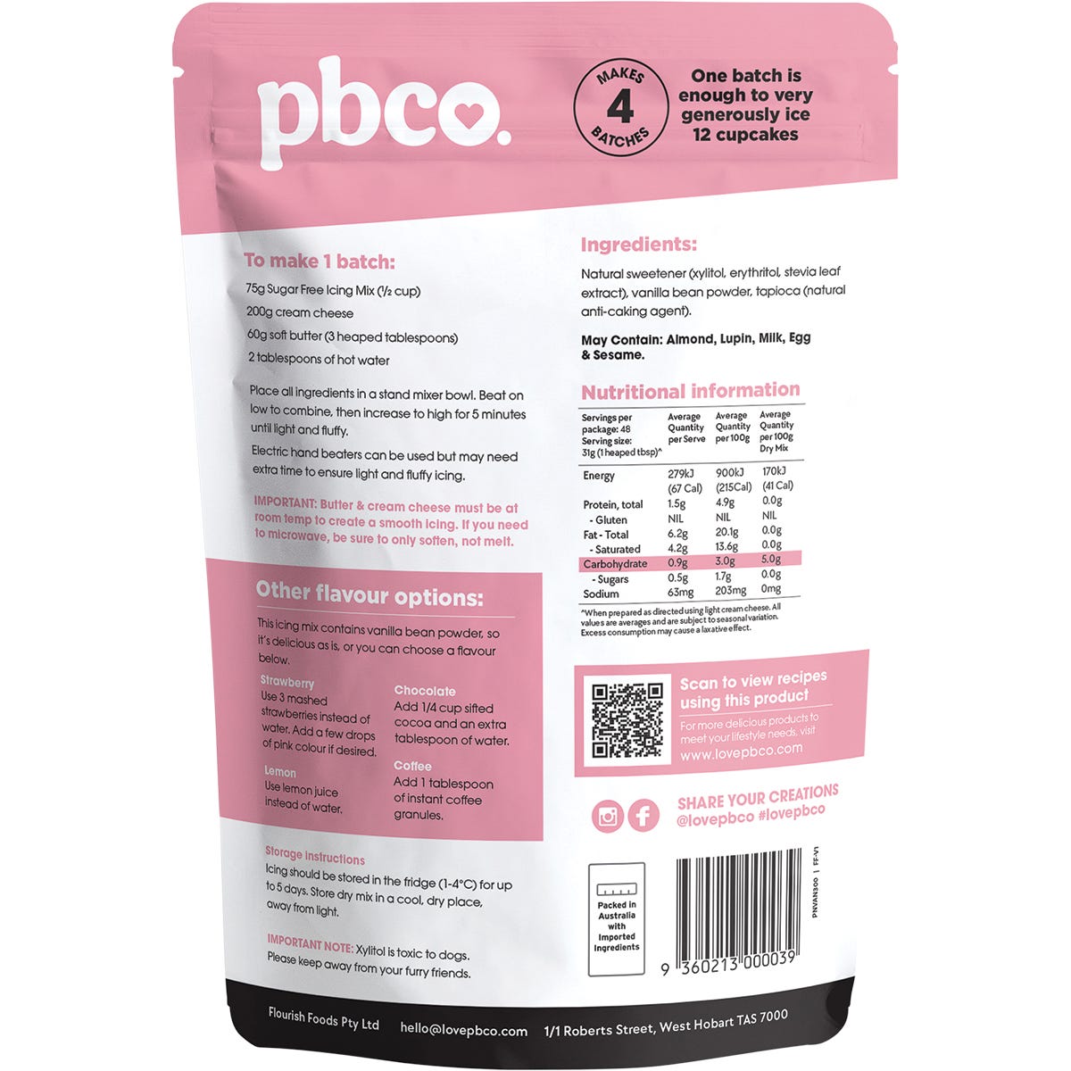 Back of PBCo Vanilla Icing Mix 300g bag showing nutritional information and ingredients.