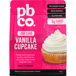 PBCo. Low Carb Vanilla Cupcake Mix 260g bag featuring a picture of a frosted cupcake with a strawberry on top.