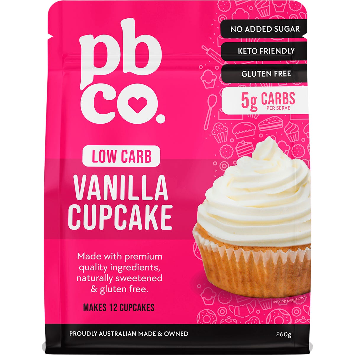 PBCo. Low Carb Vanilla Cupcake Mix 260g bag featuring a picture of a frosted cupcake with a strawberry on top.
