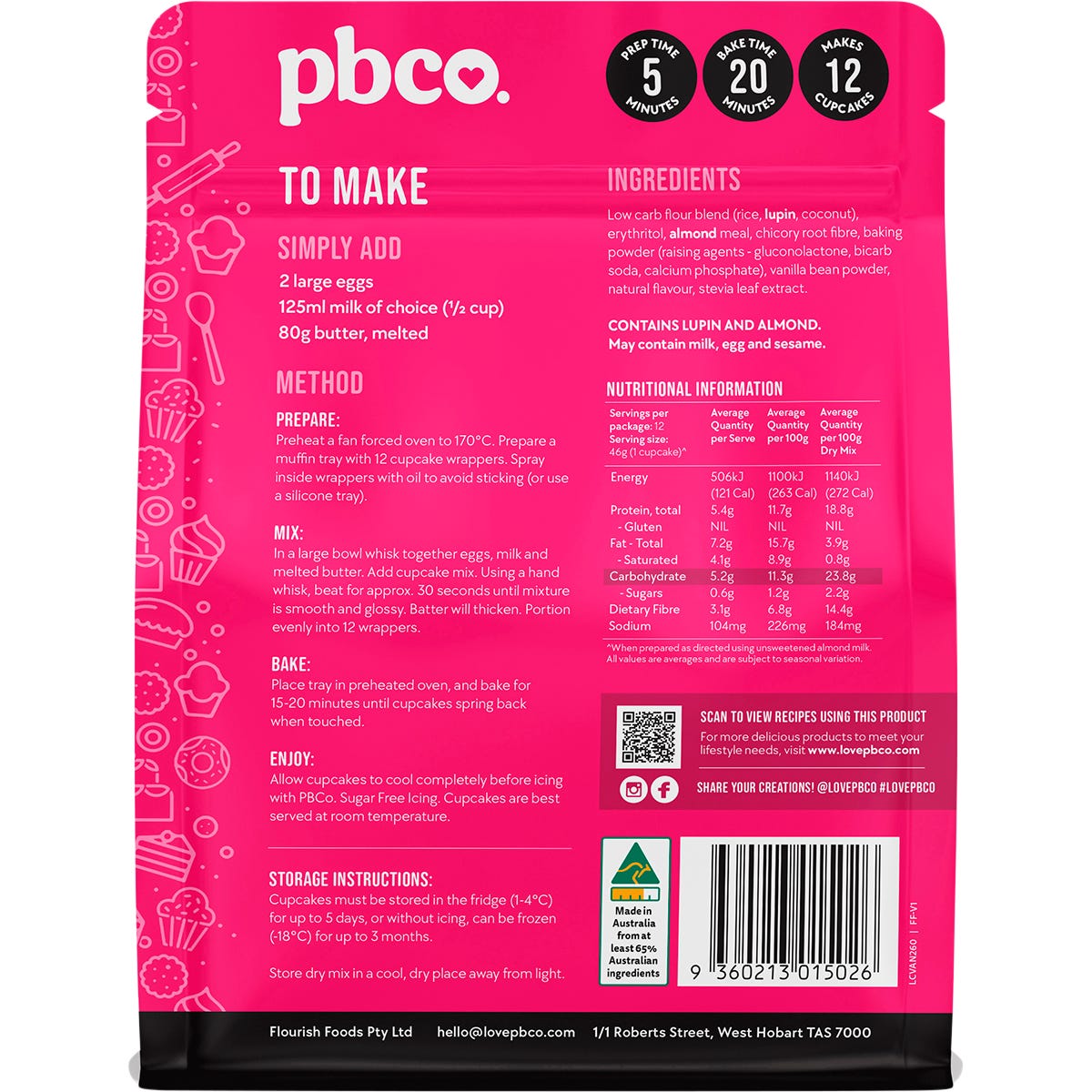 Back of PBCo. Low Carb Vanilla Cupcake Mix 260g bag showing nutritional facts and ingredients on a white background.