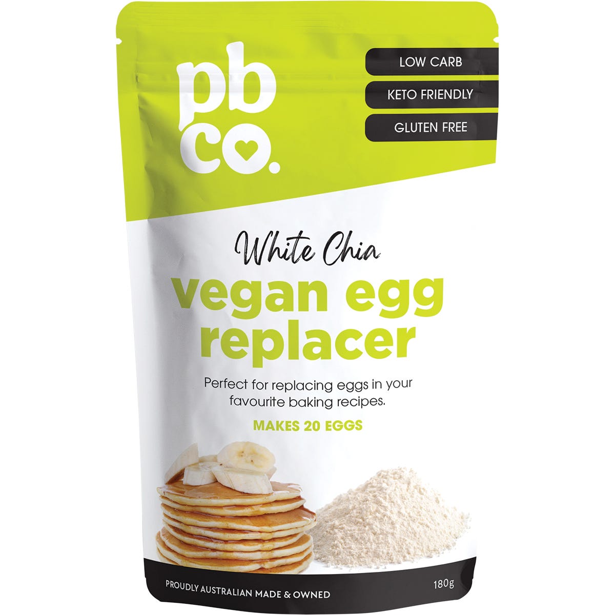 180g pouch of PBco Vegan Egg Replacer with organic chia flour, making 20 eggs for gluten-free and soy-free baking.