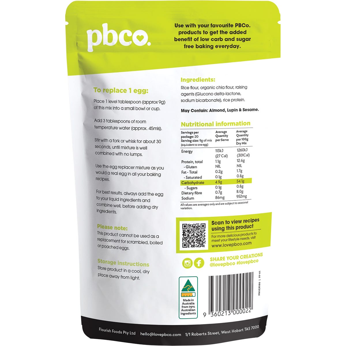 Back of a 180g PBco Vegan Egg Replacer pouch with nutritional facts, ingredients, and directions for egg-free baking.