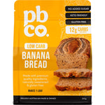 350g bag of PBCo Low Carb Banana Bread Mix with gluten-free and no added sugar callouts on a white background.