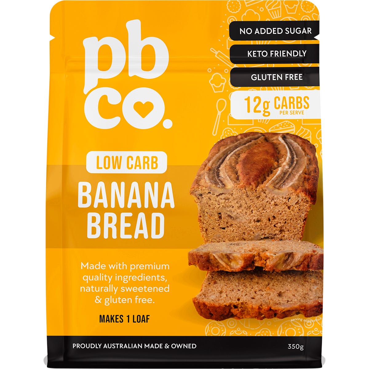 350g bag of PBCo Low Carb Banana Bread Mix with gluten-free and no added sugar callouts on a white background.