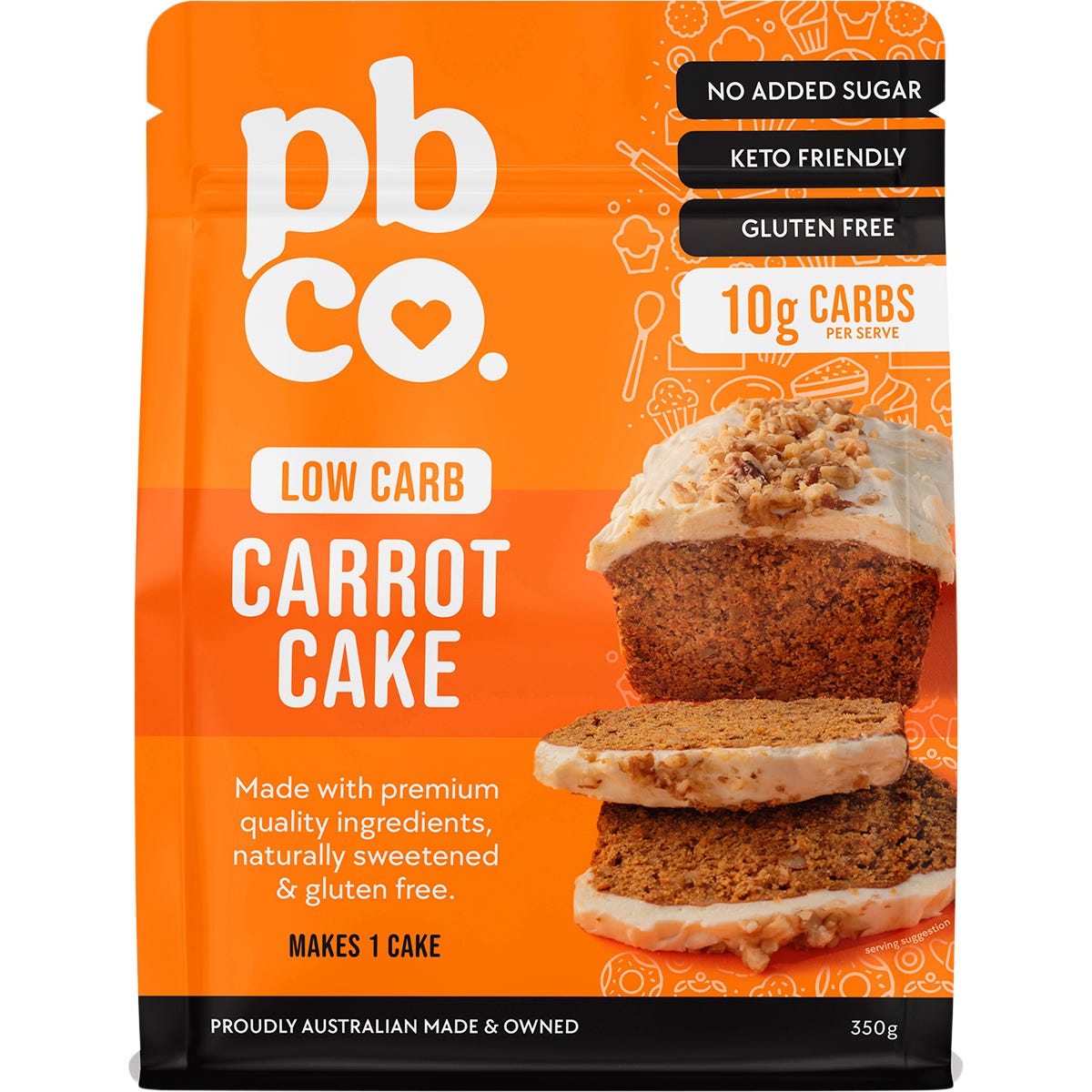 350g bag of PBCo Low Carb Carrot Cake Mix featuring a slice of iced carrot cake on a white and orange label.