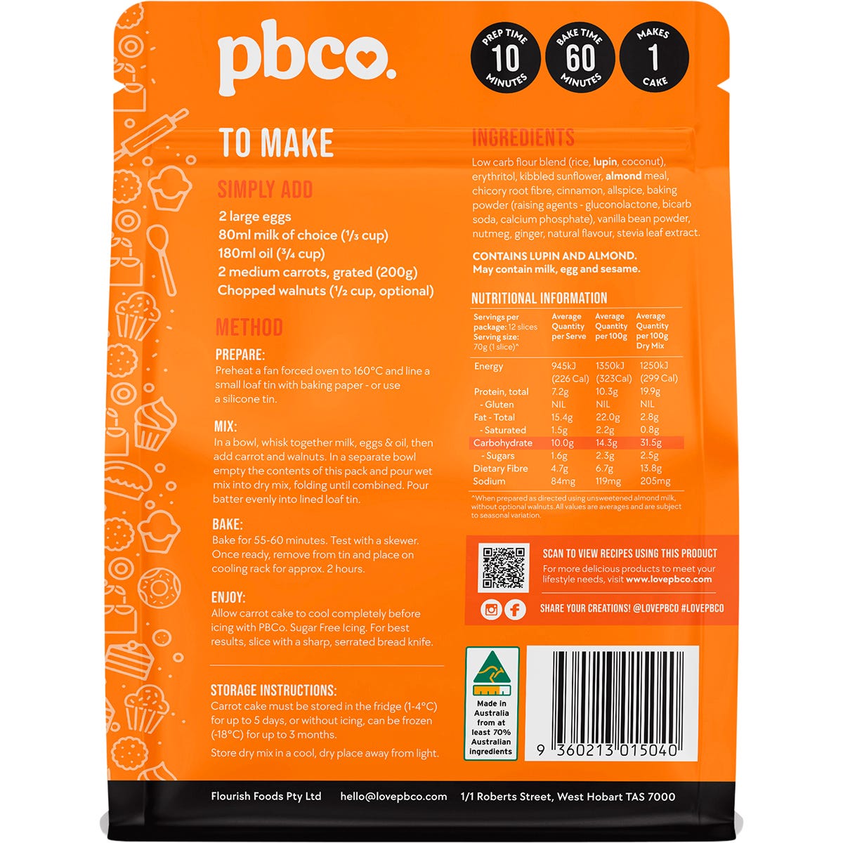 Back of PBCo Low Carb Carrot Cake Mix 350g bag showing nutritional information and ingredients list.