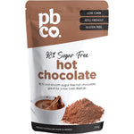 200g bag of PBco 98% Sugar Free Hot Chocolate featuring a rich cocoa drink in a white mug.