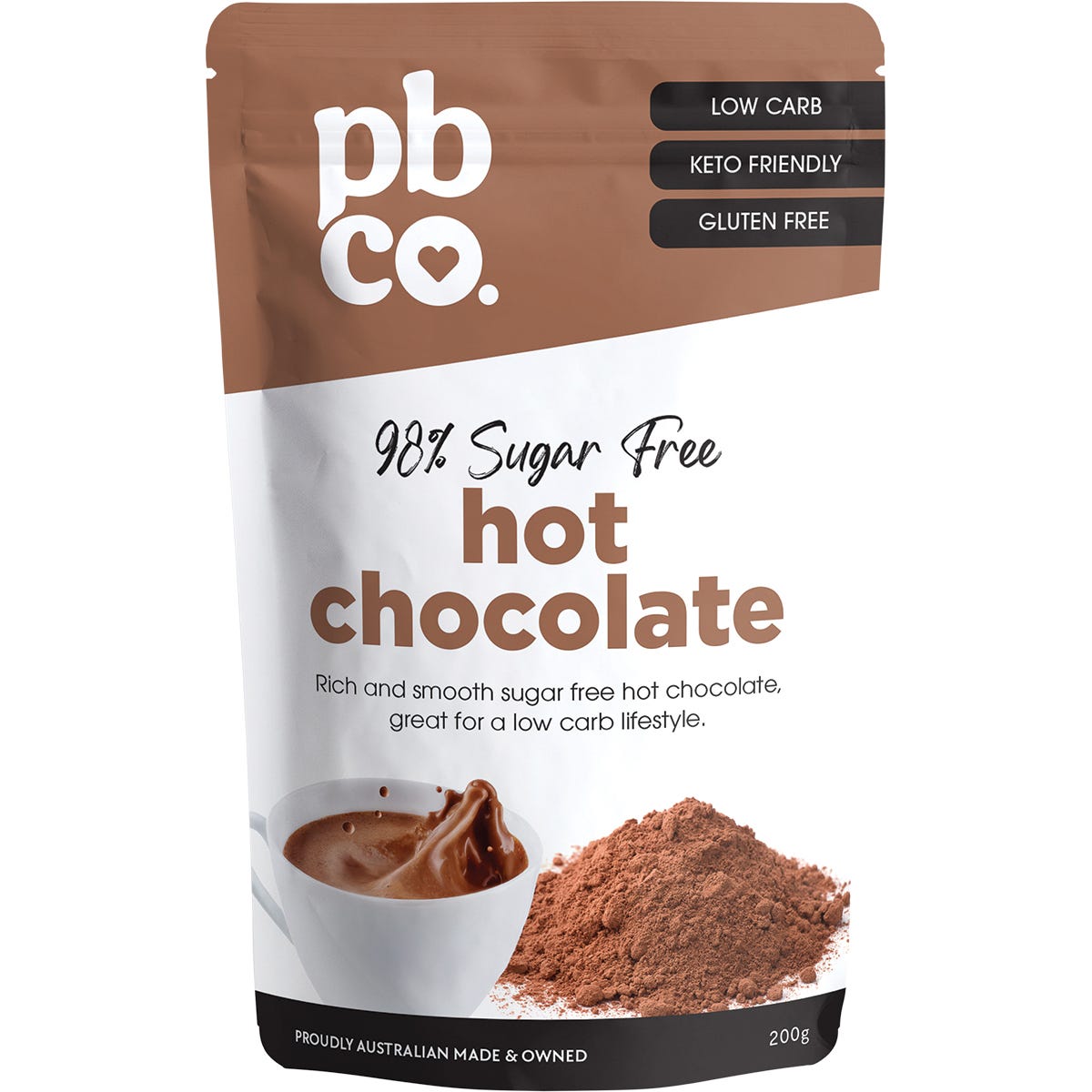 200g bag of PBco 98% Sugar Free Hot Chocolate featuring a rich cocoa drink in a white mug.