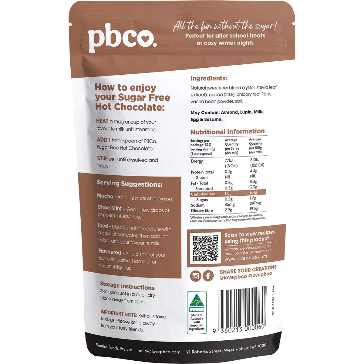 Back of PBco 98% Sugar Free Hot Chocolate 200g bag showing nutritional facts and ingredients on a white background.