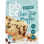 PBco Choc Chip Muffin Mix 340g bag featuring chocolate chip illustrations and no sugar added label.