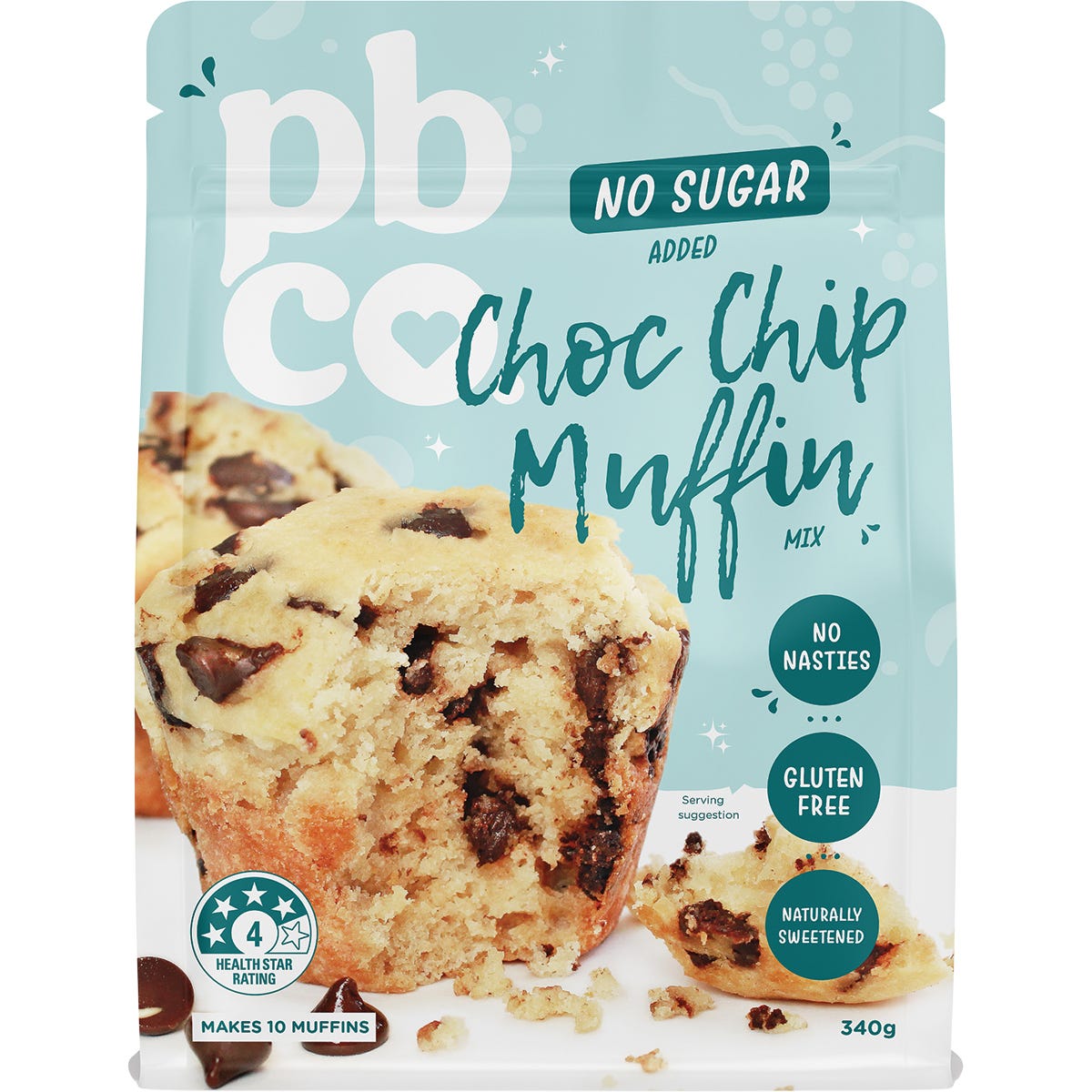 PBco Choc Chip Muffin Mix 340g bag featuring chocolate chip illustrations and no sugar added label.