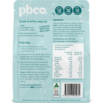 Back of PBco Choc Chip Muffin Mix 340g bag showing nutritional facts, ingredients, and baking instructions.