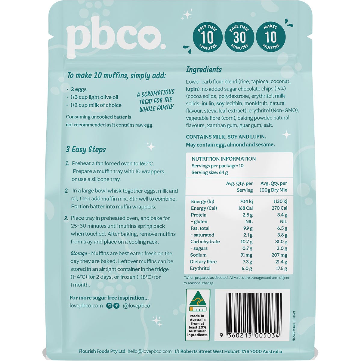 Back of PBco Choc Chip Muffin Mix 340g bag showing nutritional facts, ingredients, and baking instructions.