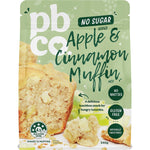 340g bag of PBco No Sugar Added Apple Cinnamon Muffin Mix featuring illustrations of muffins and fresh apples.