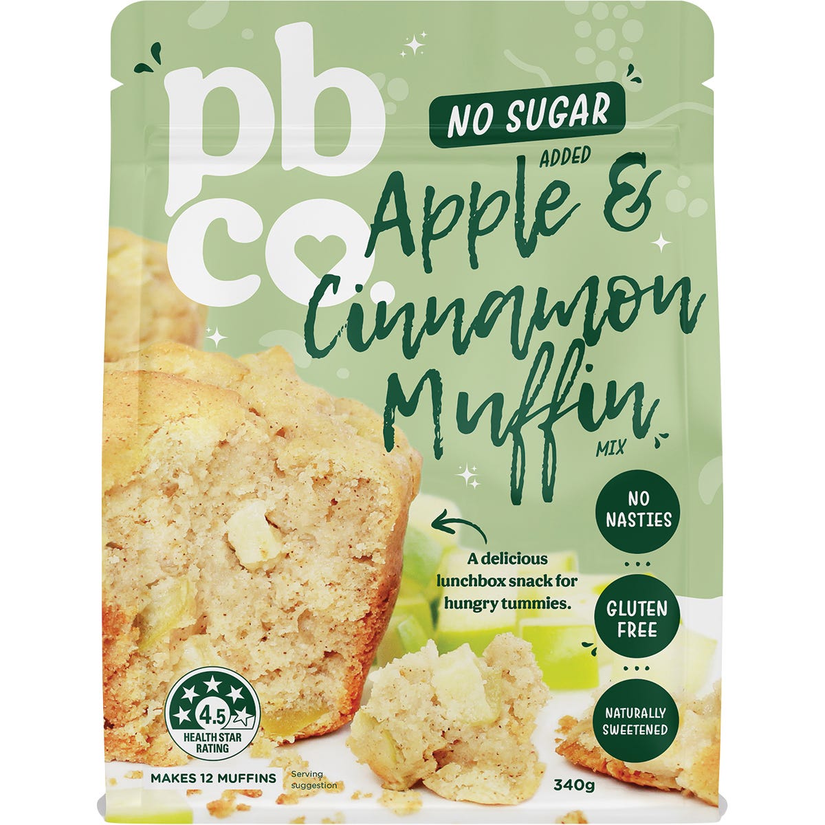 340g bag of PBco No Sugar Added Apple Cinnamon Muffin Mix featuring illustrations of muffins and fresh apples.