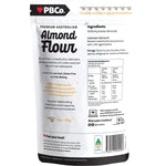 Back of a PBCo 800g Almond Flour bag featuring nutritional information, ingredients, and usage instructions.