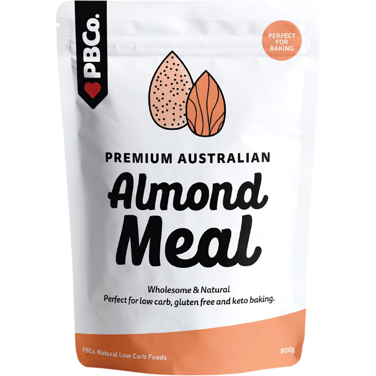 800g bag of PBCo Premium Australian Almond Meal, showing finely ground almonds with natural skins.