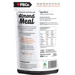 Back of an 800g PBCo Almond Meal bag showing nutrition facts, ingredients, and Australian grown details.
