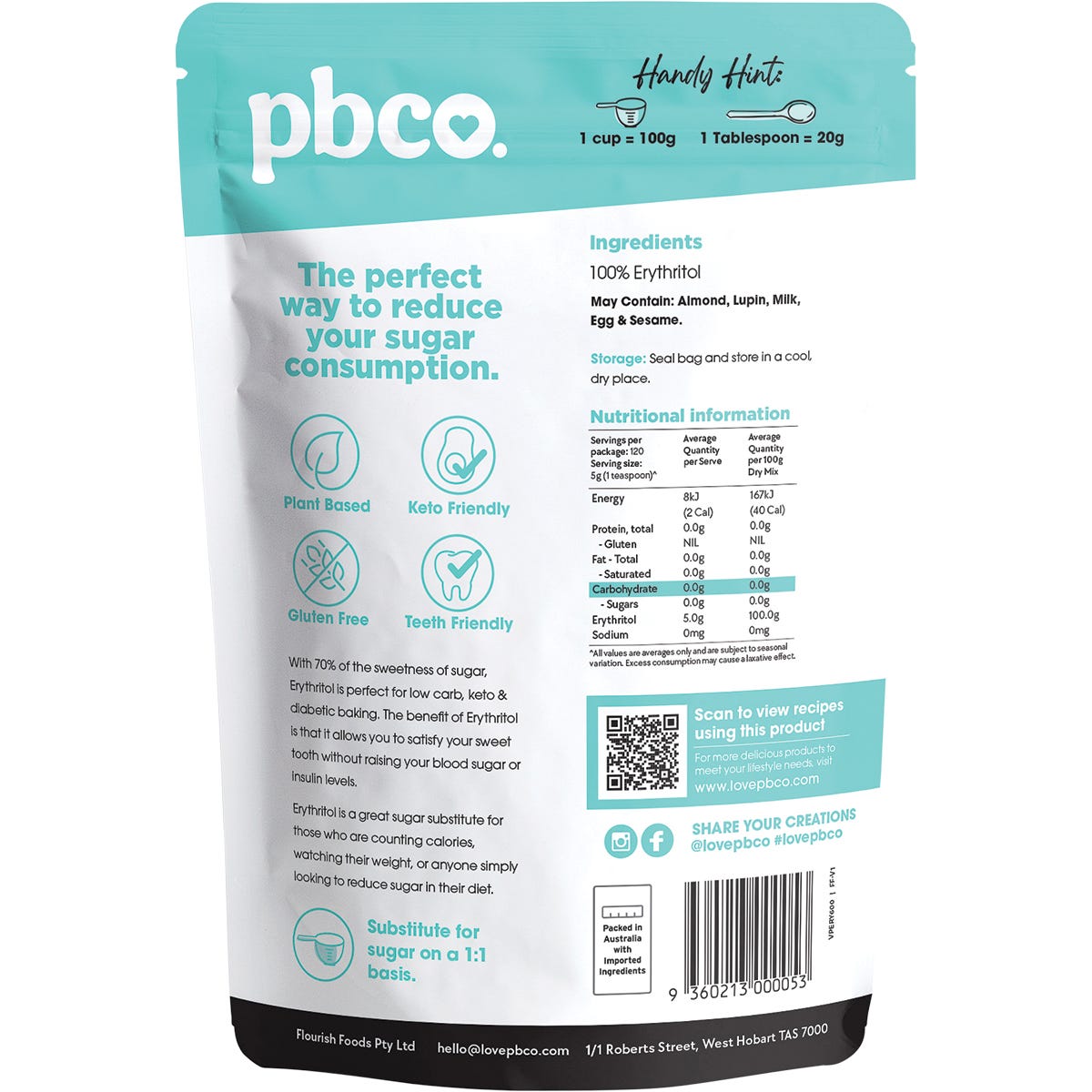Back of PBCo Erythritol 600g bag showing nutritional facts, ingredients, and keto-friendly baking information.