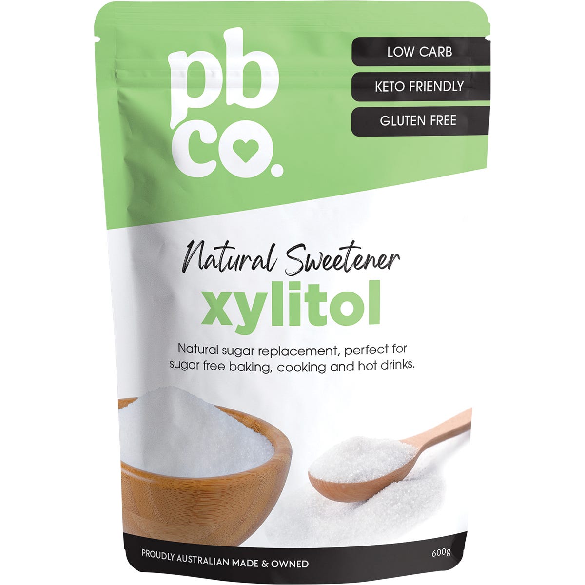600g bag of PBCo Xylitol Natural Sweetener, a keto-friendly and gluten-free sugar substitute for baking.