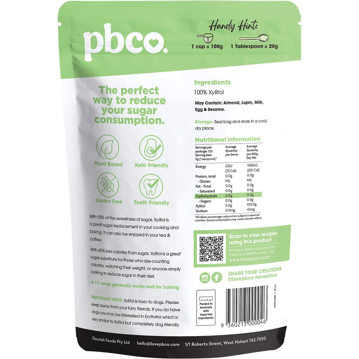 Back of PBCo Xylitol Natural Sweetener 600g bag showing ingredients, nutritional facts, and Australian made logo.
