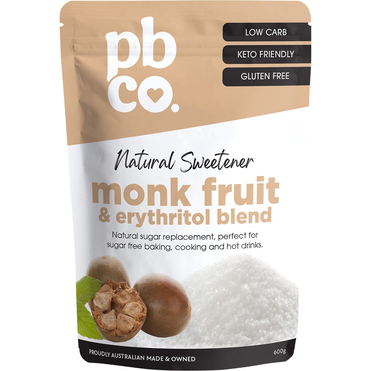 600g bag of PBco Monk Fruit and Erythritol Blend natural sweetener, keto-friendly and plant-based.