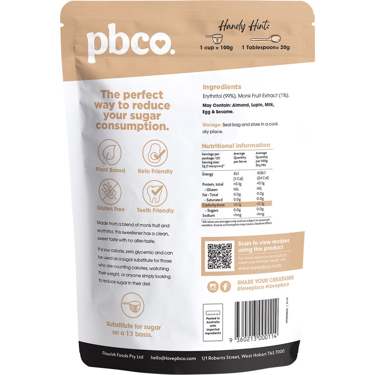 Back of a 600g bag of PBco Monk Fruit & Erythritol Blend natural sweetener showing nutrition and ingredient information.