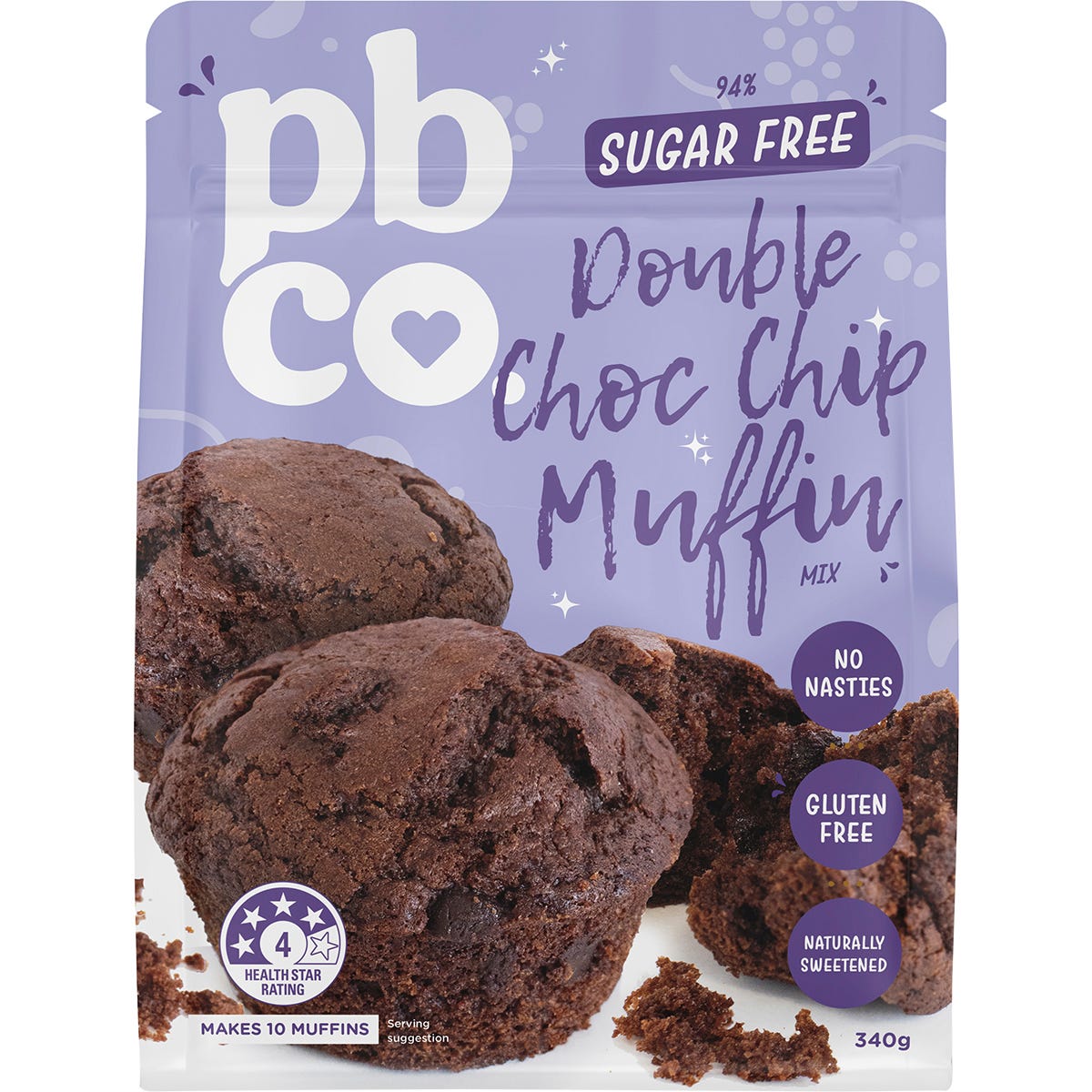 PBco 340g Double Choc Chip Muffin Mix pouch, 94% sugar-free and gluten-free baking mix.