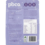 Back of PBco Double Choc Chip Muffin Mix pouch showing nutritional information, ingredients, and baking instructions.