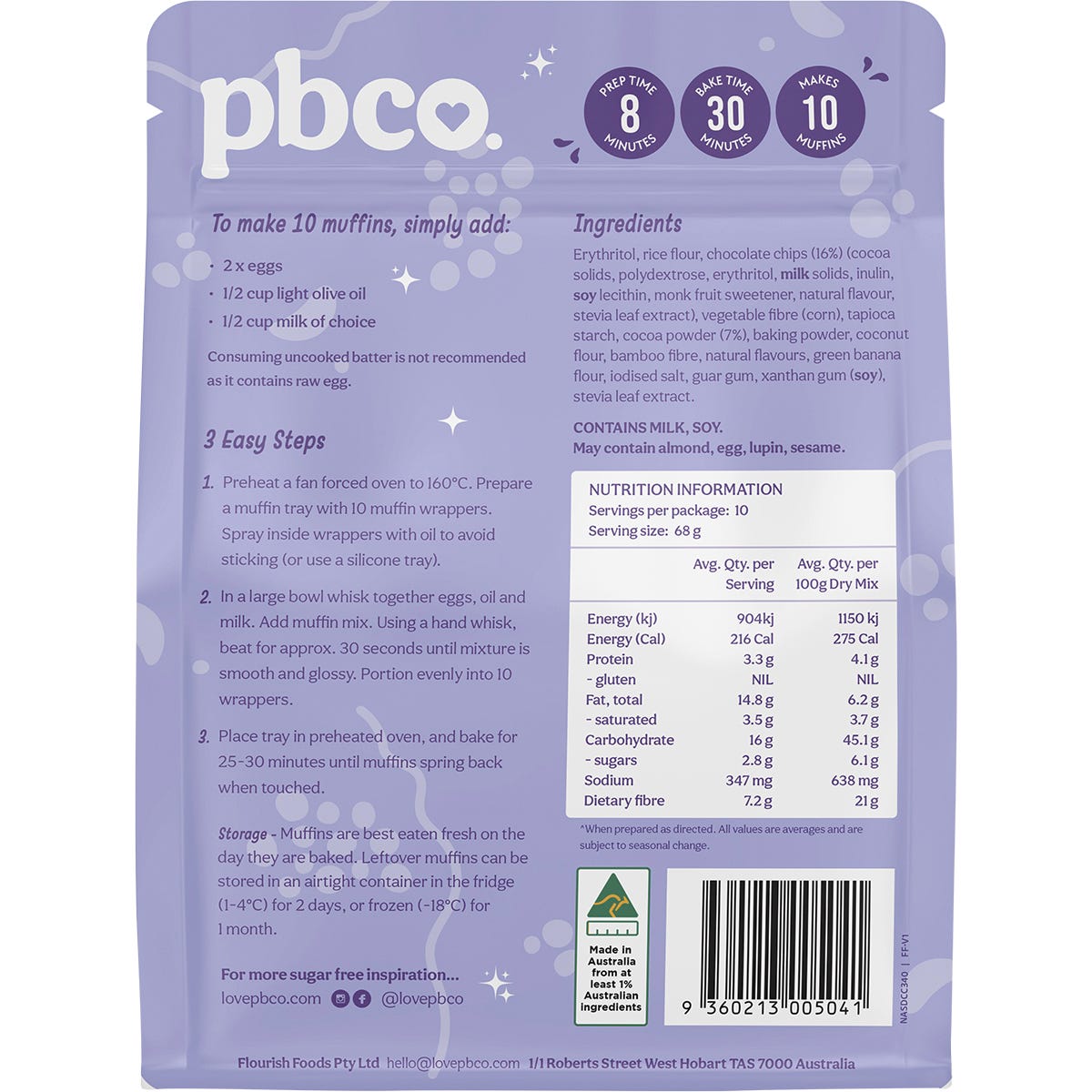Back of PBco Double Choc Chip Muffin Mix pouch showing nutritional information, ingredients, and baking instructions.
