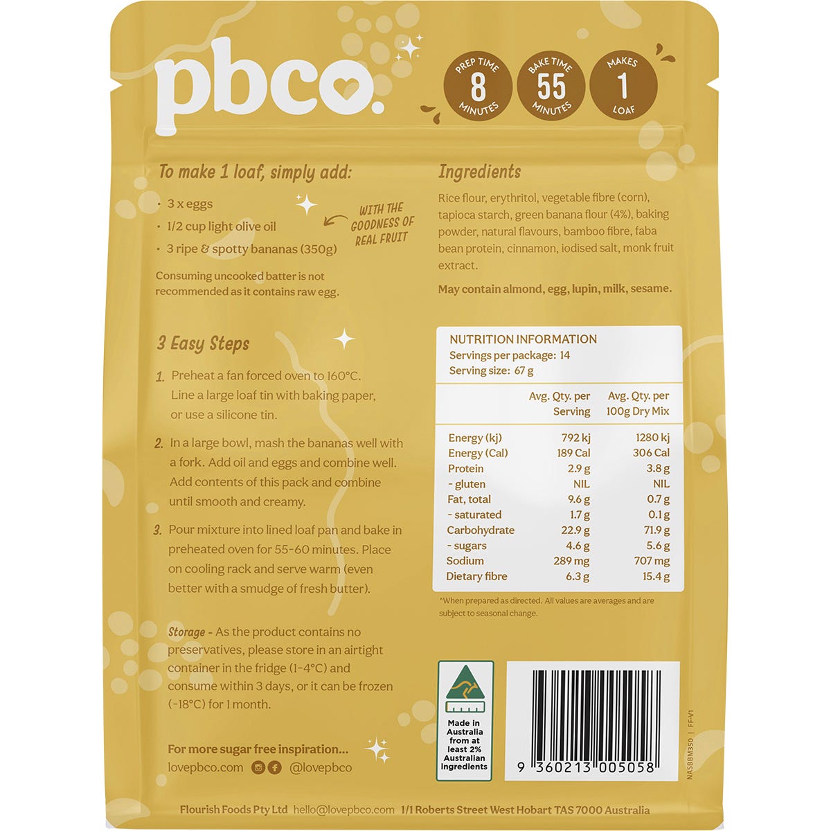 The back of a 350g PBCo. Banana Bread Mix bag showing nutritional information and directions on a yellow background.