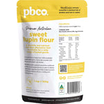 The back of a PBCo. Sweet Lupin Flour 350g bag showing nutritional information and ingredients on a white background.