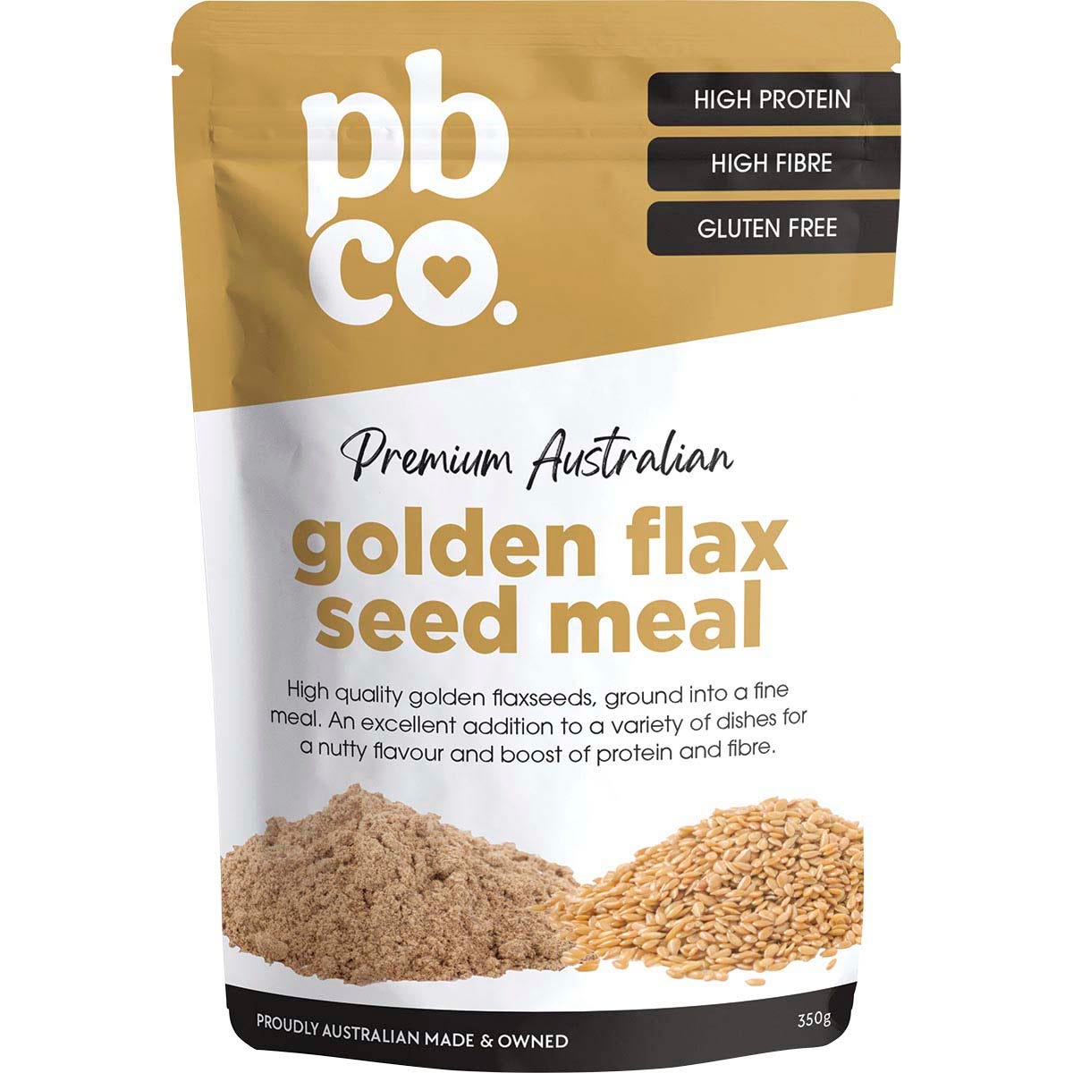 350g bag of PBCo. premium Australian Golden Flax Seed Meal featuring a nutty flavor and high fiber content.