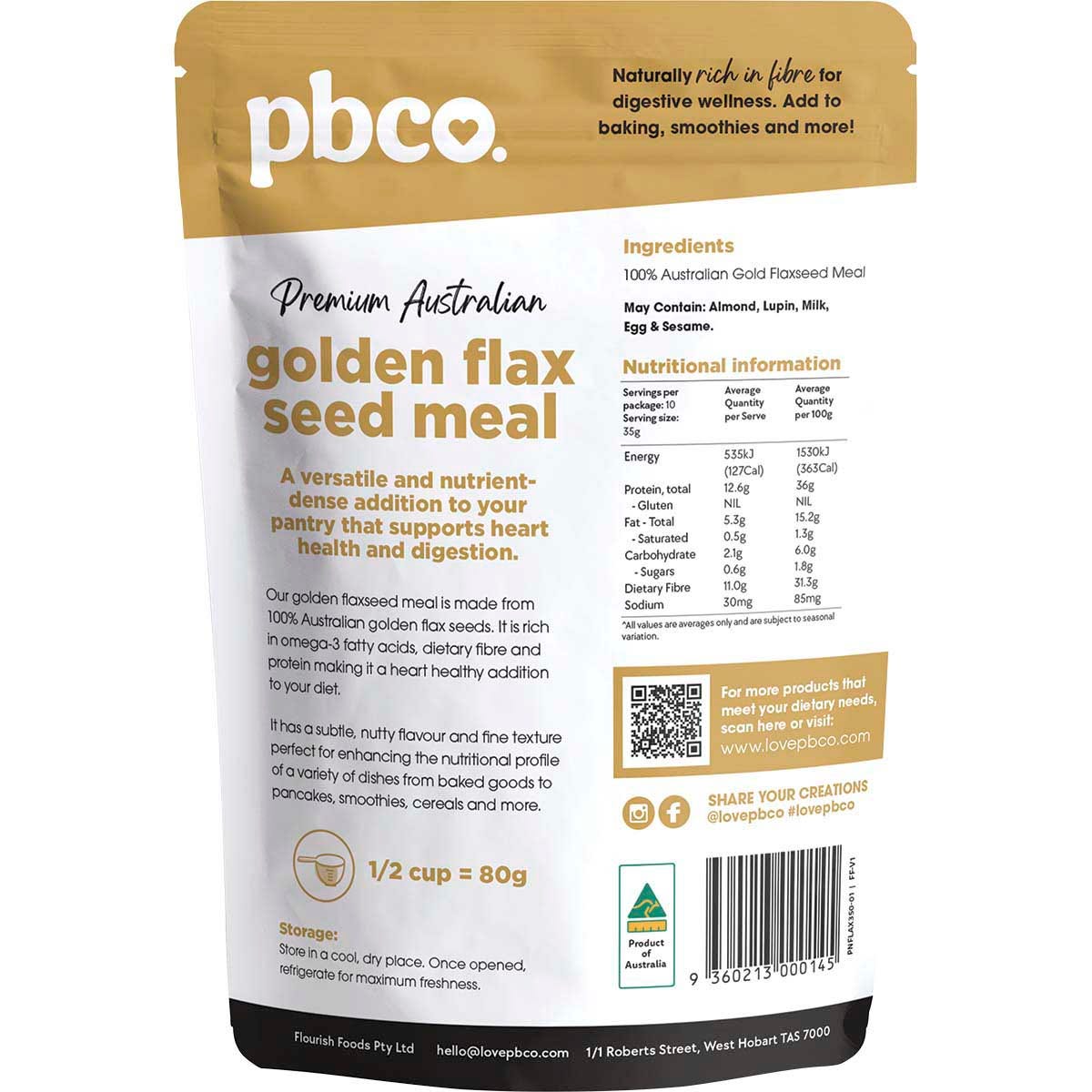 Back of PBCo Golden Flax Seed Meal 350g bag showing nutrition facts, ingredients, and storage instructions.