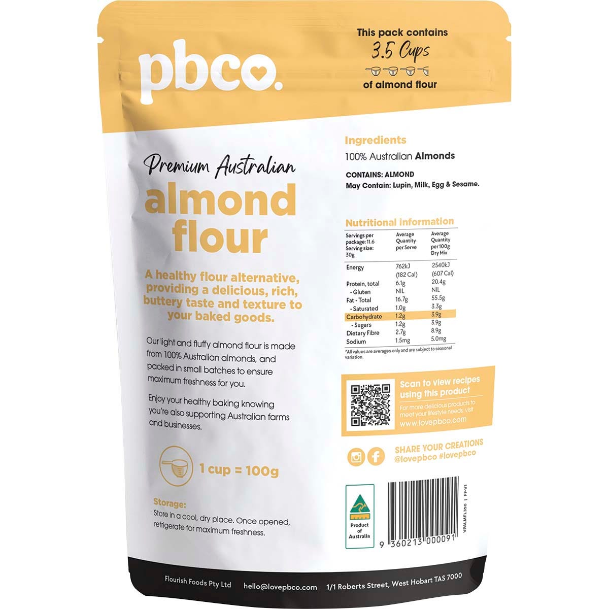 Back of a 350g bag of PBCo Premium Australian Almond Flour showing nutrition facts and ingredients.
