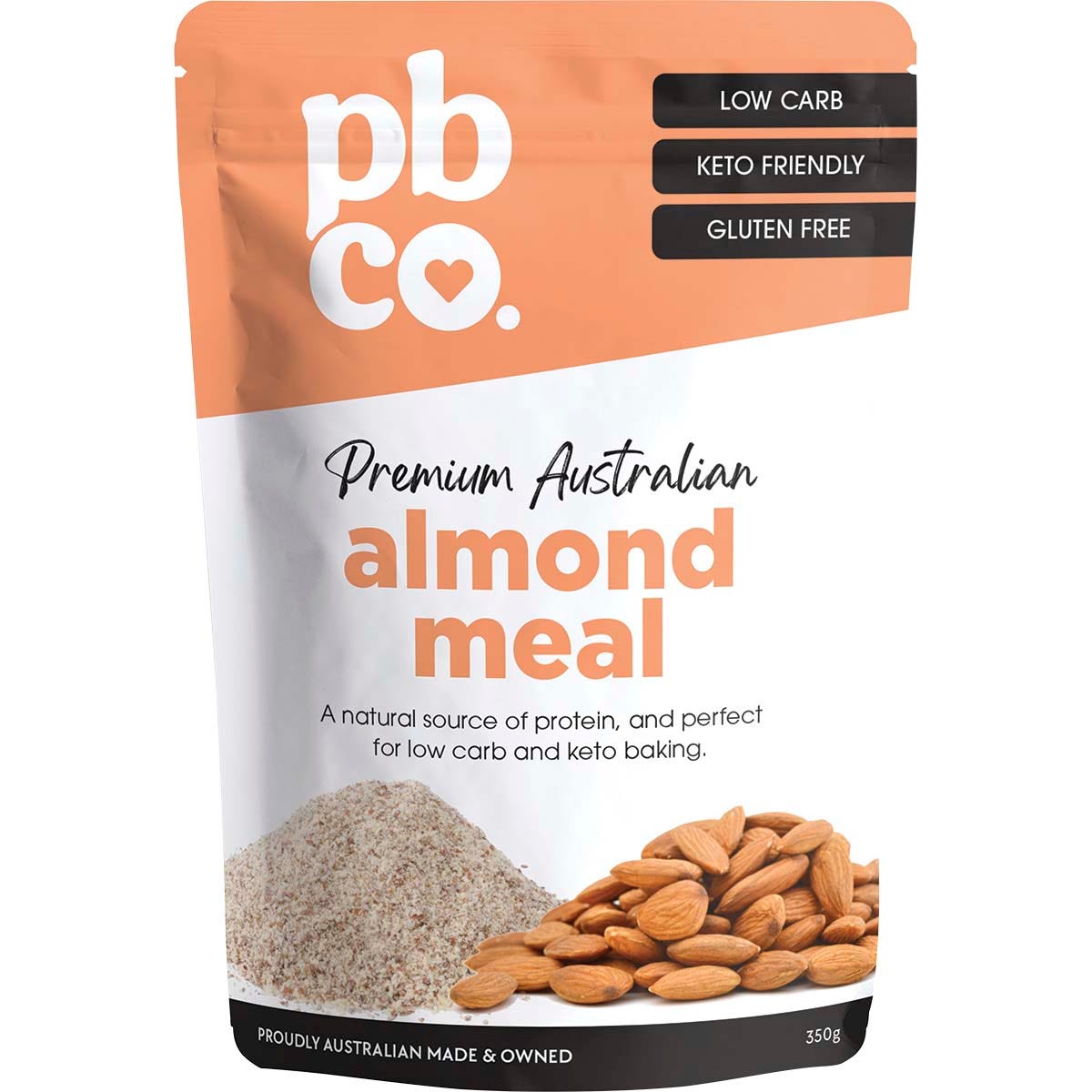 350g bag of PBCo Premium Australian Almond Meal featuring a photo of baked muffins on a brown and white label.