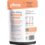 Back of a 350g PBco Premium Australian Almond Meal bag with nutritional information and gluten-free details.