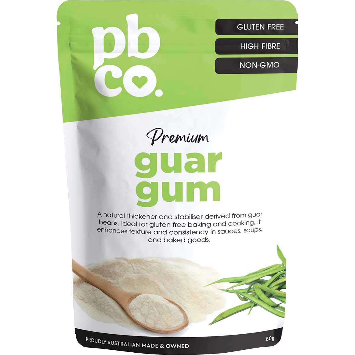 80g bag of PBCo. Premium Guar Gum, a natural thickening agent for gluten-free and low-carb cooking.
