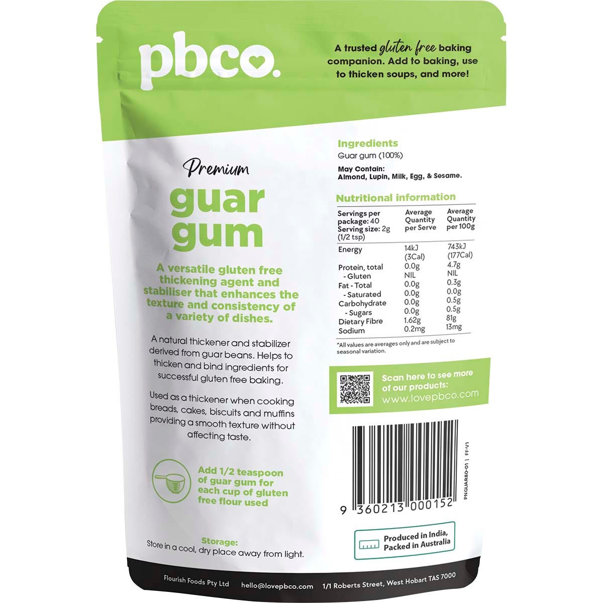 Back of a PBCo. Premium Guar Gum 80g bag showing nutritional information and ingredients on a white background.