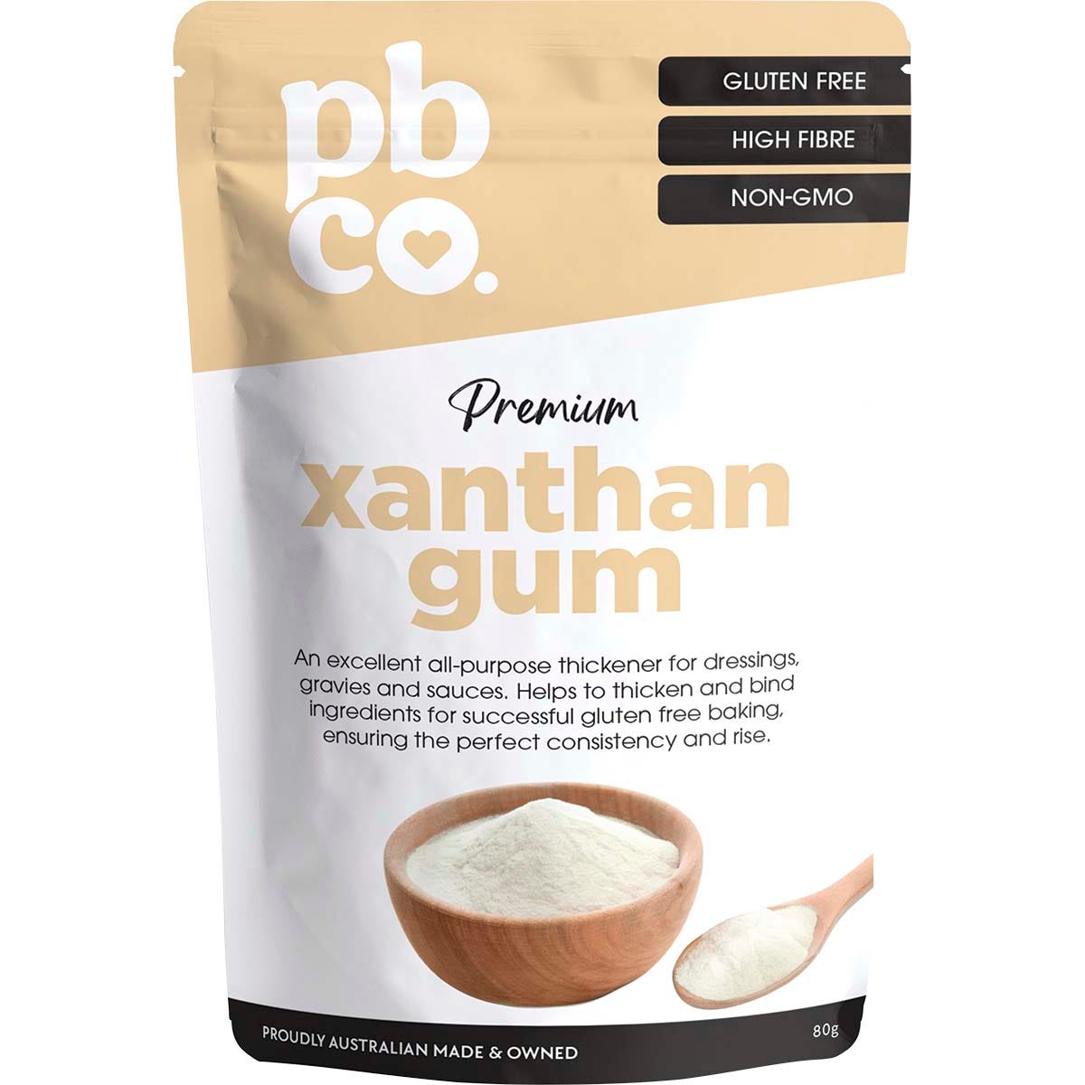 80g bag of PBco Xanthan Gum Premium, a natural gluten-free and keto-friendly binder for baking and thickening.
