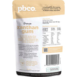 Back of PBco Xanthan Gum Premium 80g bag showing nutritional information, ingredients, and storage instructions.