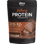 PBCo Whey Protein Concentrate Chocolate 245g pouch with a brown and white label featuring chocolate illustrations.