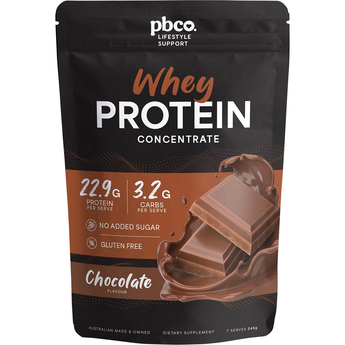 PBCo Whey Protein Concentrate Chocolate 245g pouch with a brown and white label featuring chocolate illustrations.